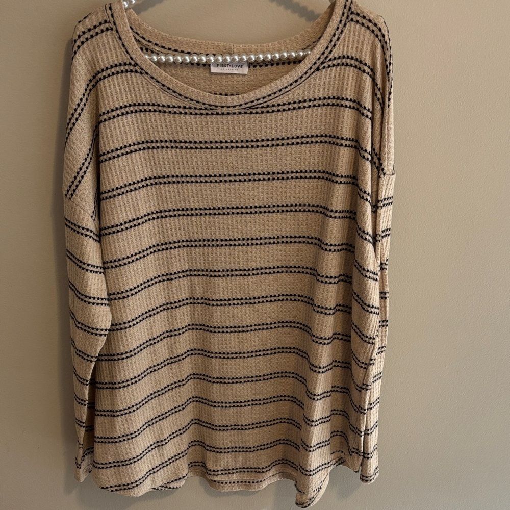 First Love Beige Striped Long Sleeve Waffle Knit Top Size 2XL